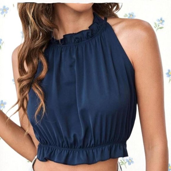 Navy Blue Women's Halter Top - Picture 2 of 4